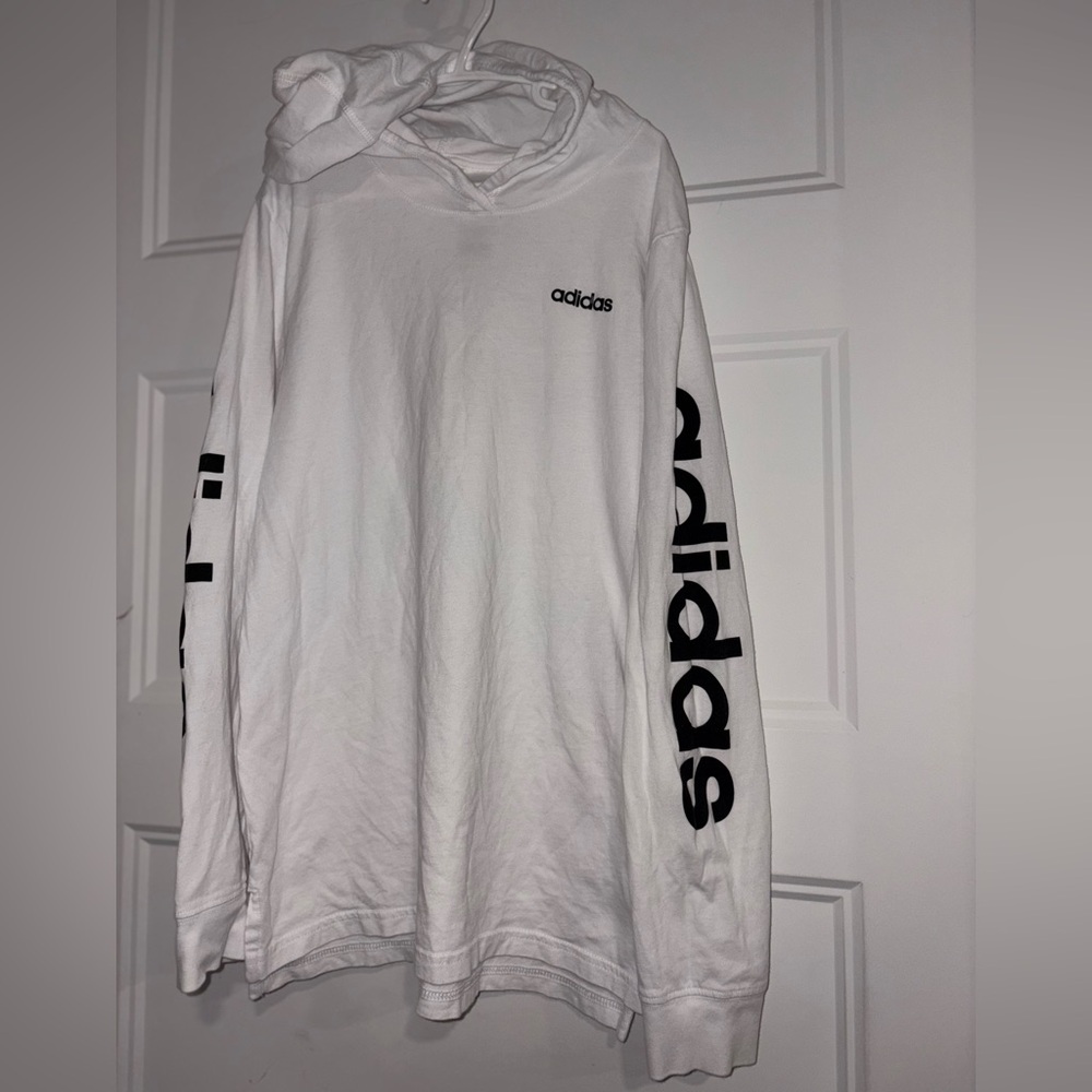 Adidas Kids White Long-sleeves hooded Tee with Black Lettering Youth M